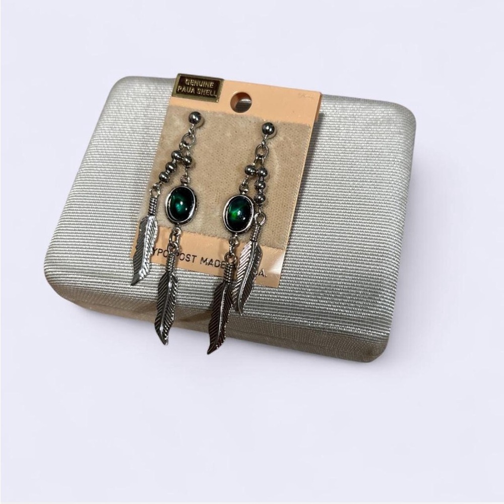 Vintage Silver Tone Genuine Paua Shell Feather Dangle Earrings - New on Card - Picture 2 of 3